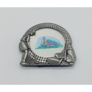Round Golf Ball Pewter Picture Frame Figural Woman Golfing Clubs Bag Small